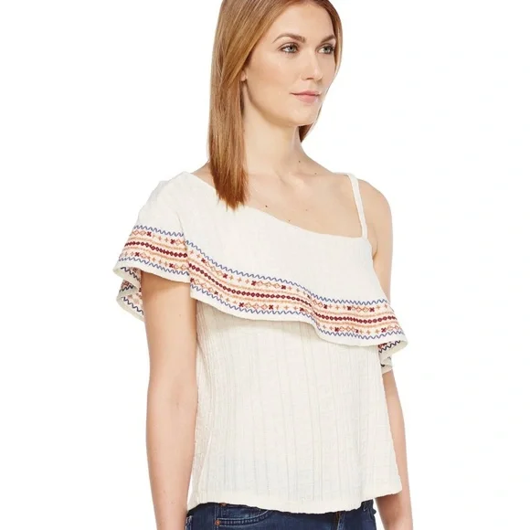 Lucky brand cream one shoulder boho embroidered shirt - Picture 6 of 6